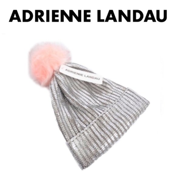 Adrienne Landau Metallic Silver Beanie with Pink Pom Pom - Picture 3 of 7